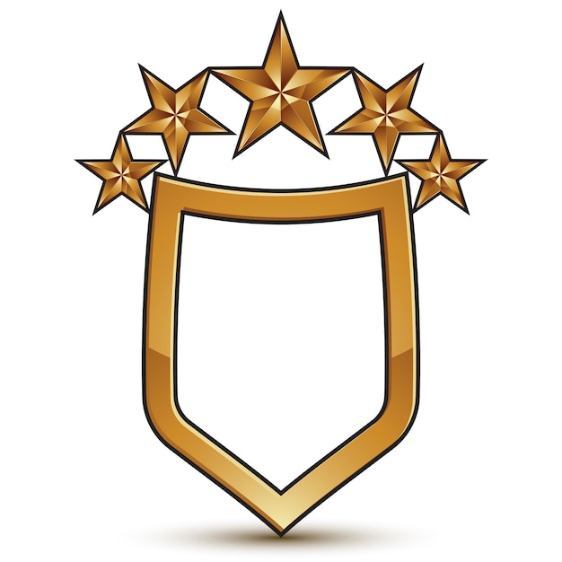 Vector plantilla de vector heráldico con cinco estrellas doradas brillantes, medallón en forma de escudo geométrico real dimensional aislado sobre fondo blanco. emblema festivo de vacaciones.