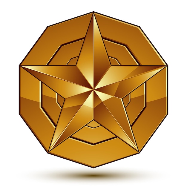 Plantilla de vector heráldico con estrella dorada de cinco puntas, medallón geométrico real dimensional aislado sobre fondo blanco.