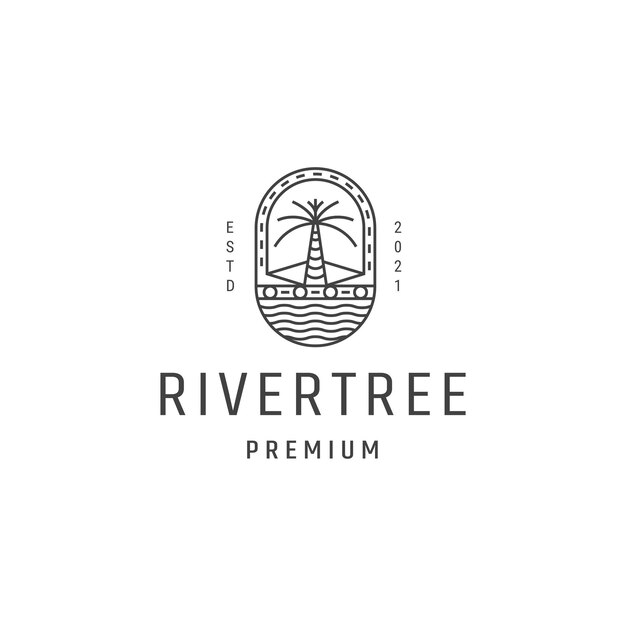 Plantilla de vector de icono de logotipo de aventura de paisaje de árbol de río
