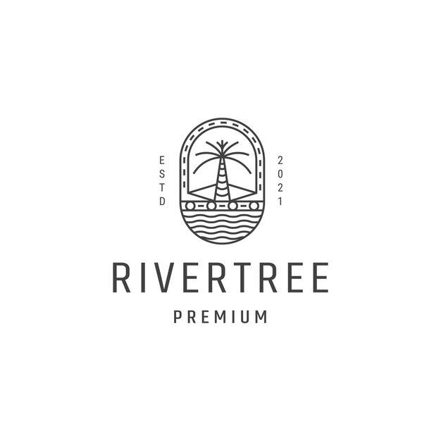 Plantilla de vector de icono de logotipo de aventura de paisaje de árbol de río