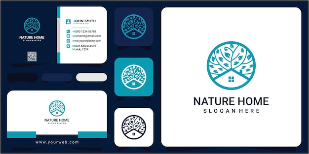 Plantilla de vector de ilustración de casa de árbol concepto de diseño de logotipo moderno de casa de árbol con tarjeta de visita