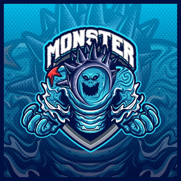 Plantilla de vector de ilustraciones de diseño de logotipo de esport de mascota de monster water element, logotipo de monstruo marino para merch de streamer de juego de equipo, estilo de dibujos animados a todo color