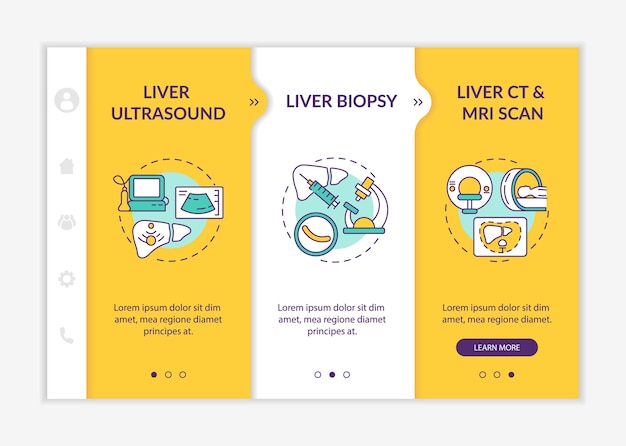 Plantilla de vector de incorporación de identificación de hígado. sitio web móvil receptivo con iconos. tutorial de la página web pantallas de 3 pasos. ecografía, concepto de color de exploración de resonancia magnética con ilustraciones lineales