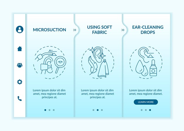 Plantilla de vector de incorporación de métodos de limpieza de oídos. sitio web móvil receptivo con iconos. tutorial de la página web pantallas de 3 pasos. microsucción, concepto de color de material blando con ilustraciones lineales