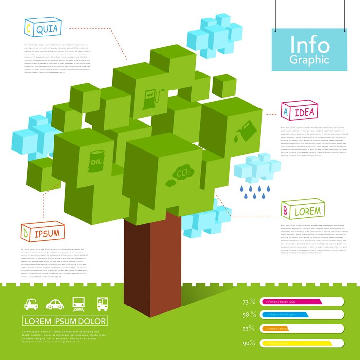 Vector plantilla de vector infografía con árbol y nube de estilo pixel 3d