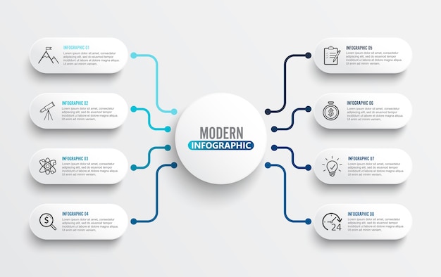 Plantilla de vector infografía con etiqueta de papel 3D. Concepto de negocio con 8 opciones.