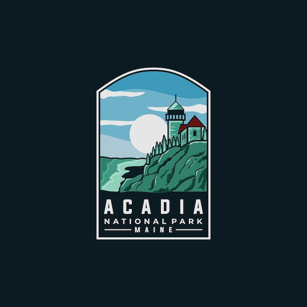 Plantilla de vector de insignia del parque nacional de Acadia. Ilustración histórica de Maine en el estilo de parche de emblema.