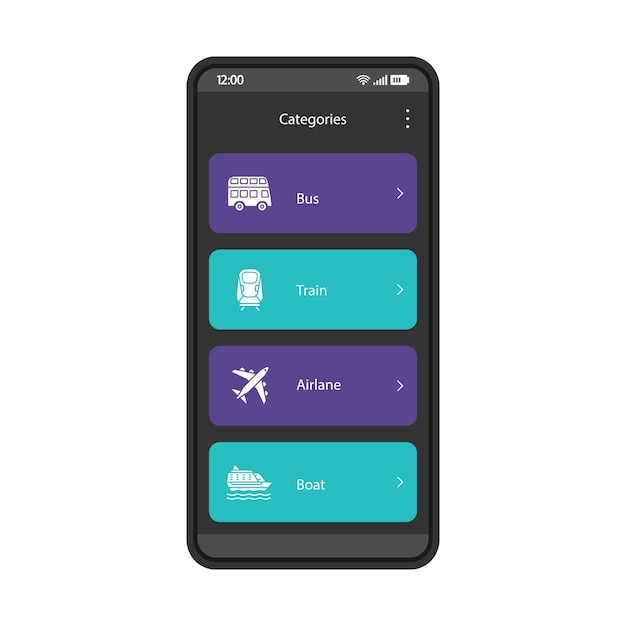 Plantilla de vector de interfaz de aplicación de boleto de reserva en línea Diseño de página de aplicación móvil Mapeo y programación de transporte público Pantalla de aplicación de tránsito turístico Compra de boletos Pantalla de teléfono de interfaz de usuario plana