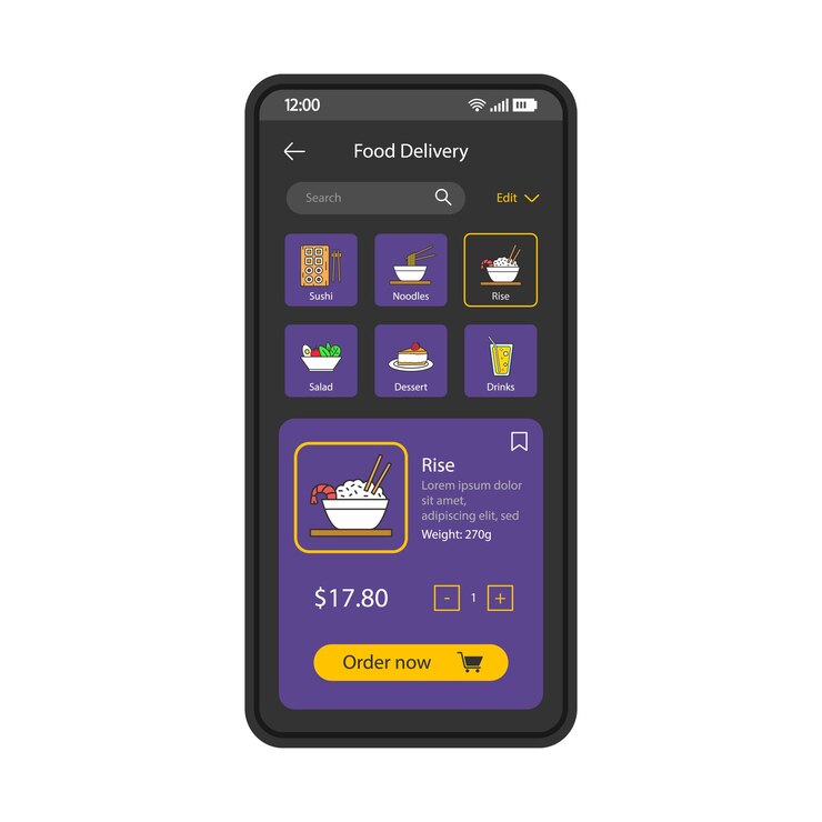 Vector plantilla de vector de interfaz de aplicación de teléfono inteligente de entrega de alimentos
