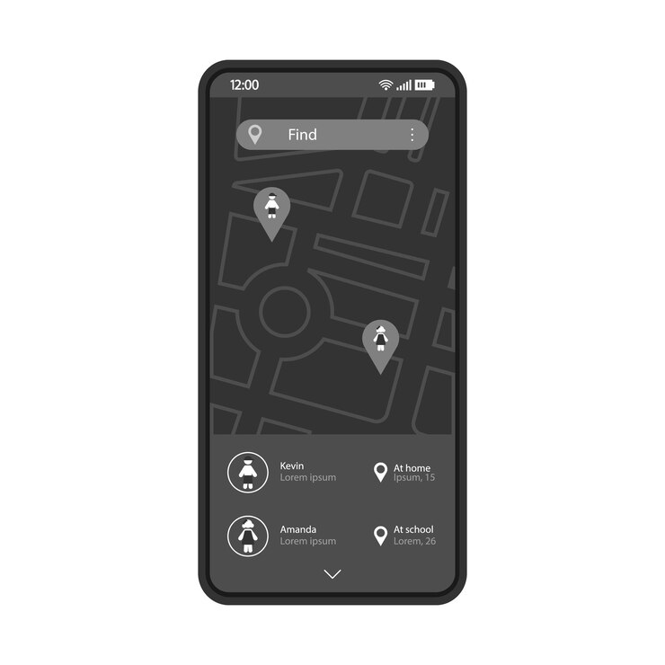 Plantilla de vector de interfaz de aplicación de teléfono inteligente de seguimiento infantil Página de aplicación de control parental móvil Diseño de diseño negro Software de monitoreo para niños Pantalla de rastreador GPS para niños Pantalla de teléfono de interfaz de usuario plana