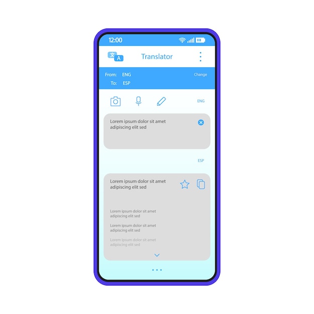 Vector plantilla de vector de interfaz de aplicación de teléfono inteligente de traductor en línea. diseño de diseño azul de la página de la aplicación móvil. pantalla de traducción multilingüe. interfaz de usuario plana. pantalla del teléfono