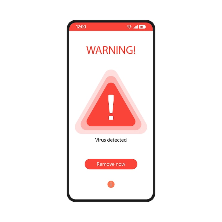Vector plantilla de vector de interfaz de smartphone de aplicación antivirus. diseño de página blanca de la aplicación de seguridad móvil. mensaje de advertencia de virus detectado en la pantalla. interfaz de usuario plana. software de protección de teléfono contra malware