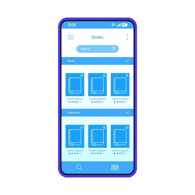 Vector plantilla de vector de interfaz de smartphone de libros digitales. diseño de página de la aplicación de e-reader móvil. tienda de libros electrónicos. pantalla de compra de libros en línea. biblioteca virtual. librería en línea. interfaz de usuario plana para la aplicación. pantalla del teléfono