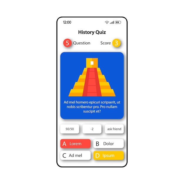 Plantilla de vector de interfaz de smartphone de prueba de historia. Diseño de página de aplicación móvil en blanco. Pantalla de opciones de preguntas y respuestas. Interfaz de usuario plana para la aplicación. Pantalla de teléfono de juego intelectual