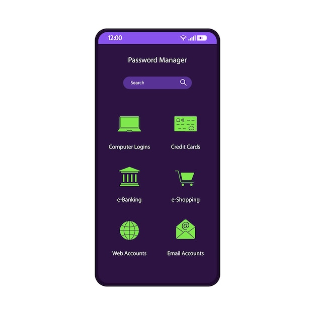 Plantilla de vector de interfaz de teléfono inteligente de aplicación de administrador de contraseñas