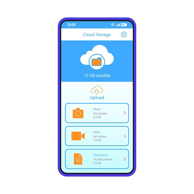 Plantilla de vector de interfaz de teléfono inteligente de la aplicación de almacenamiento en la nube. Diseño de diseño azul de página móvil. Almacenamiento de datos, pantalla de aplicación de transferencia. Interfaz de usuario plana. Carga de fotos, videos y documentos en la pantalla del teléfono