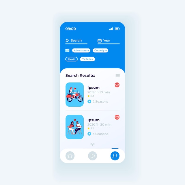 Plantilla de vector de interfaz de teléfono inteligente de aplicación de alojamiento de video. Diseño de luz de la página de la aplicación móvil. Pantalla del menú de navegación de contenido. Interfaz de usuario plana para la aplicación. Transmita los resultados de la búsqueda en la pantalla del teléfono.