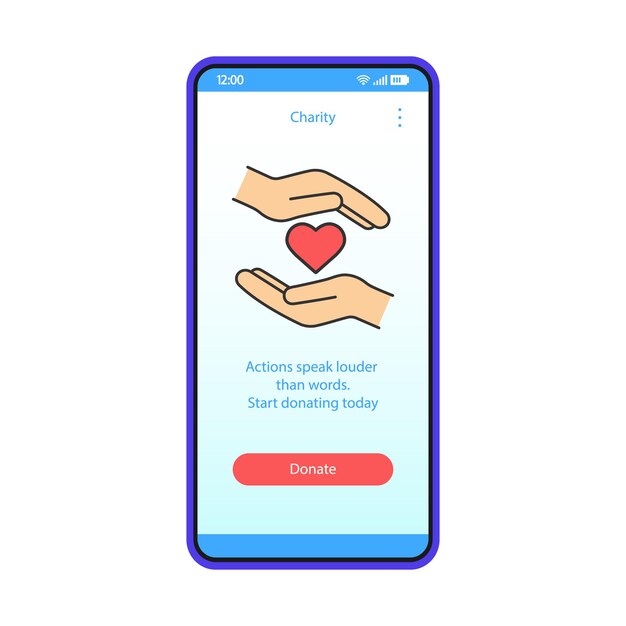 Plantilla de vector de interfaz de teléfono inteligente de aplicación de caridad