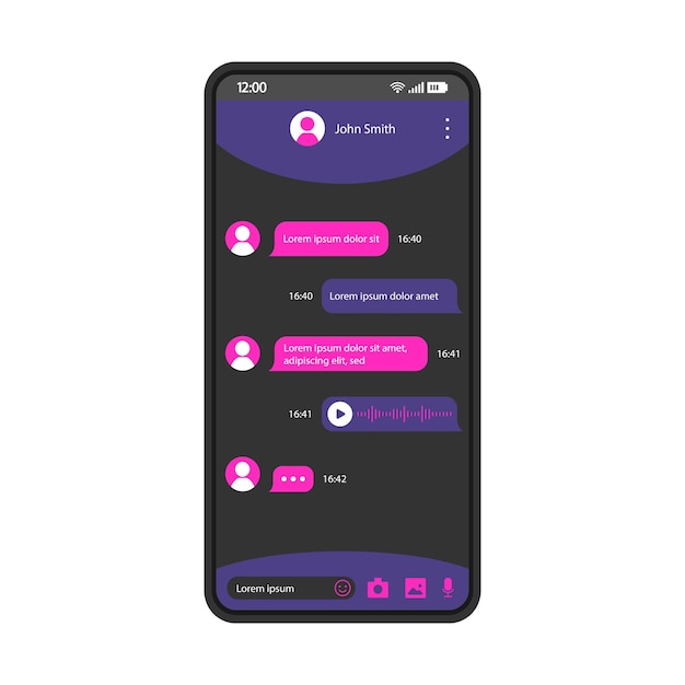 Vector plantilla de vector de interfaz de teléfono inteligente de aplicación de chat diseño de diseño en negro de página móvil pantalla de intercambio de mensajes instantáneos interfaz de usuario plana para aplicación envío de registro de audio de mensaje de voz pantalla del teléfono