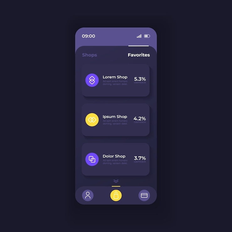 Vector plantilla de vector de interfaz de teléfono inteligente de aplicación de compras e. diseño de diseño de tema oscuro de página de aplicación móvil. pantalla de lista de tiendas favoritas en línea. interfaz de usuario plana para la aplicación. clasificación de tiendas en la pantalla del teléfono