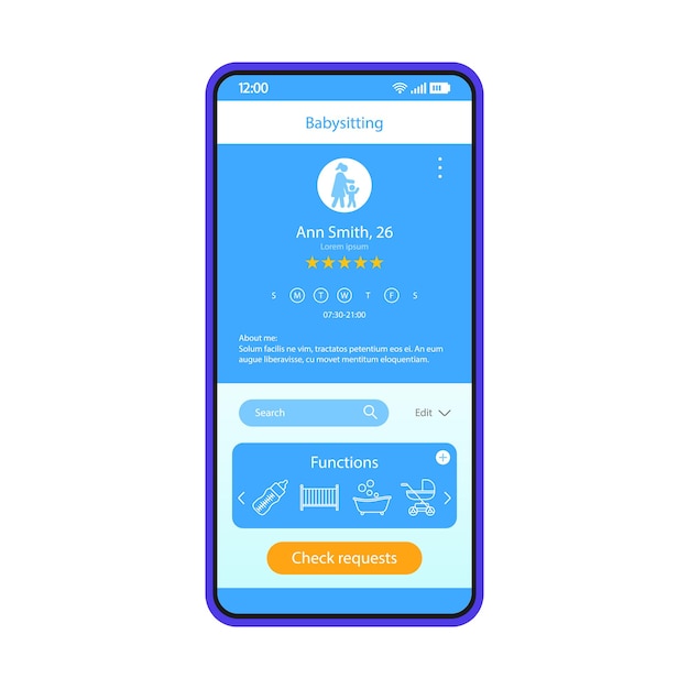 Plantilla de vector de interfaz de teléfono inteligente de aplicación de cuidado de niños. diseño de diseño azul de la página de la aplicación móvil. pantalla de perfil en línea de niñera. interfaz de usuario plana. servicios de guardería. reserva de niñera, calificación en la pantalla del teléfono