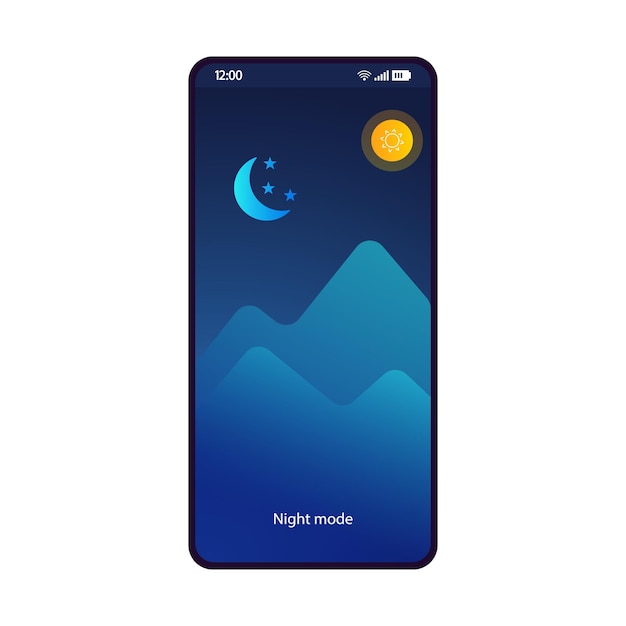 Plantilla de vector de interfaz de teléfono inteligente de aplicación de modo nocturno