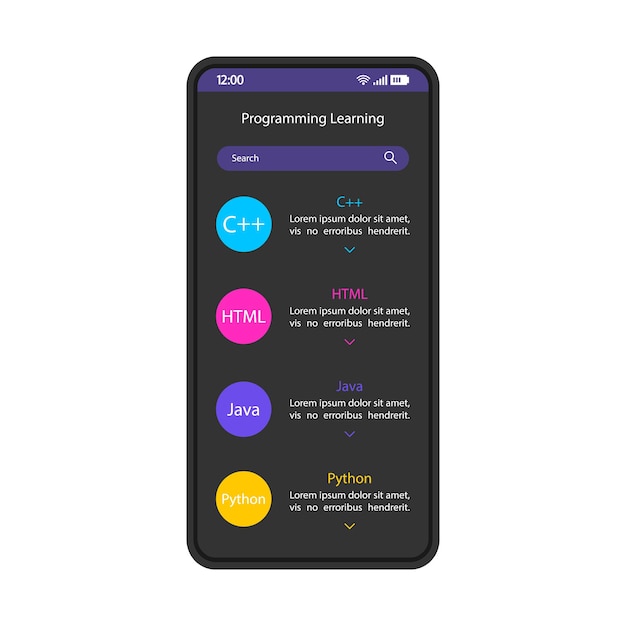 Plantilla de vector de interfaz de teléfono inteligente de aprendizaje de programación