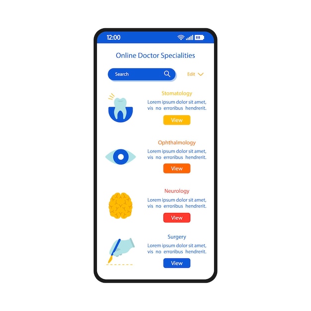 Plantilla de vector de interfaz de teléfono inteligente de búsqueda de médico en línea. Diseño de diseño en blanco de la página de la aplicación móvil. Pantalla de lista de especialidades médicas. Interfaz de usuario plana para la aplicación. Estomatología, oftalmología. pantalla del teléfono