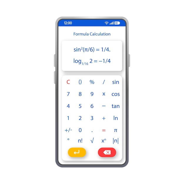 Plantilla de vector de interfaz de teléfono inteligente de cálculo de fórmula. diseño de diseño en blanco de la página de la aplicación de calculadora móvil. pantalla de ecuación matemática. interfaz de usuario plana para calcular la aplicación. pantalla del teléfono de cálculo