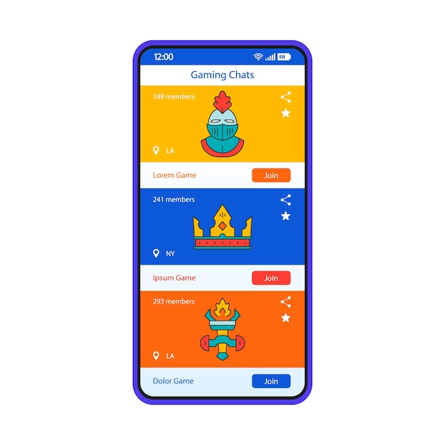 Plantilla de vector de interfaz de teléfono inteligente de chats de juego. diseño de diseño azul de la página de la aplicación móvil. chats de texto públicos para la pantalla de los jugadores. interfaz de usuario plana para la aplicación. comunicación entre compañeros, diálogos. pantalla del teléfono