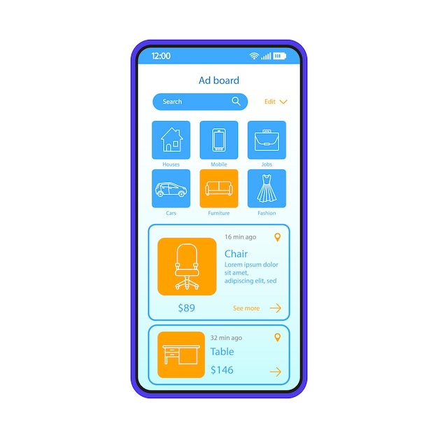 Plantilla de vector de interfaz de teléfono inteligente de compras en línea. Diseño de diseño en negro de la página de la aplicación móvil. Tablero de anuncios, pantalla de aplicación del mercado. Interfaz de usuario plana. Plataforma de anuncios de compra y venta en la pantalla del teléfono
