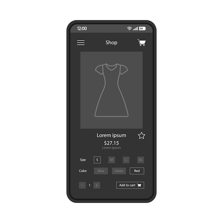 Vector plantilla de vector de interfaz de teléfono inteligente de compras de ropa aplicación de moda página de aplicación móvil diseño de diseño negro pantalla de tienda de internet de ropa de mujer comprar vestido interfaz de usuario plana pantalla de teléfono