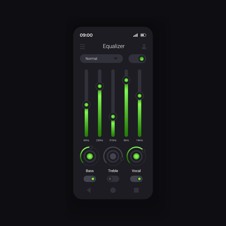 Vector plantilla de vector de interfaz de teléfono inteligente de ecualización de audio. diseño de página de aplicaciones móviles. mezcla de bandas sonoras. pantalla de capacidades de edición de música profesional. interfaz de usuario plana para la aplicación. pantalla del teléfono