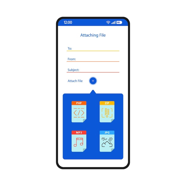 Plantilla de vector de interfaz de teléfono inteligente de envío de correo electrónico. diseño de diseño en blanco de la página de la aplicación móvil. adjuntar archivos, pantalla multimedia. interfaz de usuario plana para la aplicación. compartir archivos adjuntos en línea, agregar. pantalla del teléfono