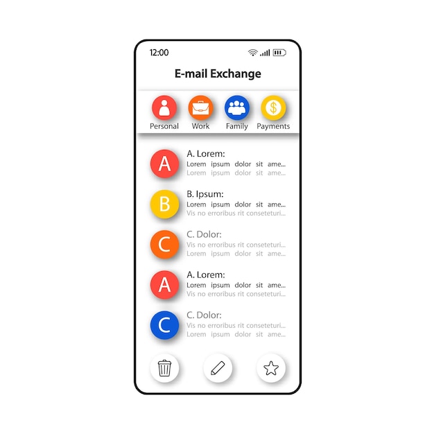Plantilla de vector de interfaz de teléfono inteligente de intercambio de correo electrónico. Diseño de página de aplicación móvil en blanco. Pantalla de cartas entrantes. Interfaz de usuario plana para la aplicación. Pantalla del teléfono del administrador de correspondencia personal