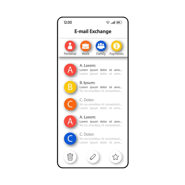 Plantilla de vector de interfaz de teléfono inteligente de intercambio de correo electrónico. diseño de página de aplicación móvil en blanco. pantalla de cartas entrantes. interfaz de usuario plana para la aplicación. pantalla del teléfono del administrador de correspondencia personal
