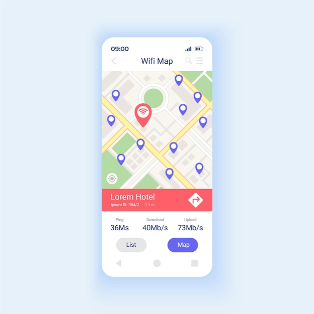 Plantilla de vector de interfaz de teléfono inteligente de mapa wifi