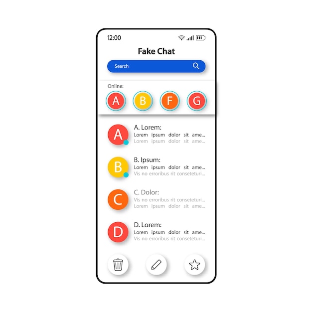 Plantilla de vector de interfaz de teléfono inteligente de mensajes de chat falsos. Diseño de color de la página de la aplicación móvil. Pantalla de notificaciones de cuentas de usuario falsas. Interfaz de usuario plana para la aplicación. Pantalla de teléfono de tecnología de estafa