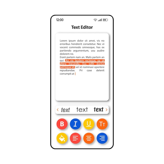 Plantilla de vector de interfaz de teléfono inteligente de software de edición de texto. Diseño de color de la página de la aplicación móvil. Pantalla de herramientas de resaltado de frases. Interfaz de usuario plana para la aplicación. Pantalla del teléfono del editor de notas