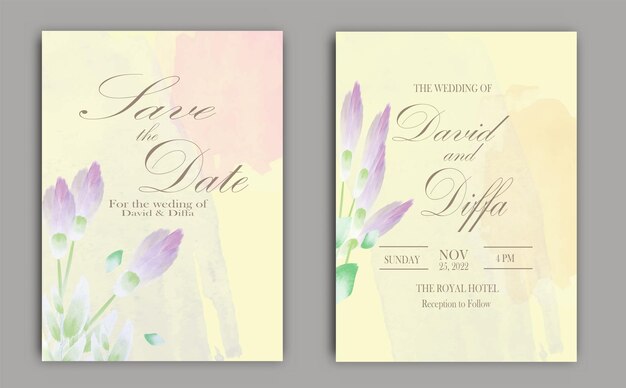 plantilla de vector de invitación de boda elegante con elementos de acuarela