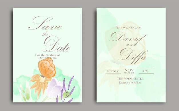 plantilla de vector de invitación de boda elegante con elementos de acuarela