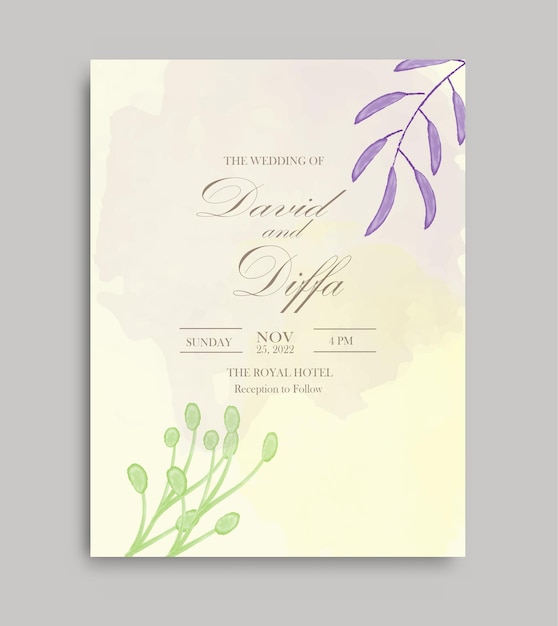 plantilla de vector de invitación de boda elegante con elementos de acuarela