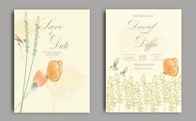 plantilla de vector de invitación de boda elegante con elementos de acuarela