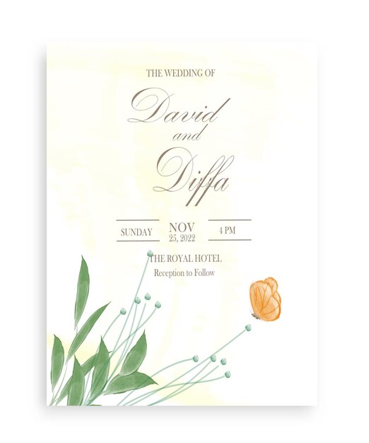 plantilla de vector de invitación de boda elegante y simple con elementos de acuarela