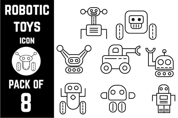 Plantilla de vector de lineal de paquete de iconos de juguetes robóticos