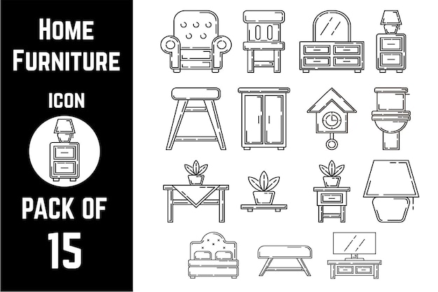 Plantilla de vector de lineal de paquete de iconos de muebles para el hogar