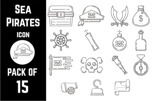 Plantilla de vector de lineal de paquete de iconos de Sea Pirates