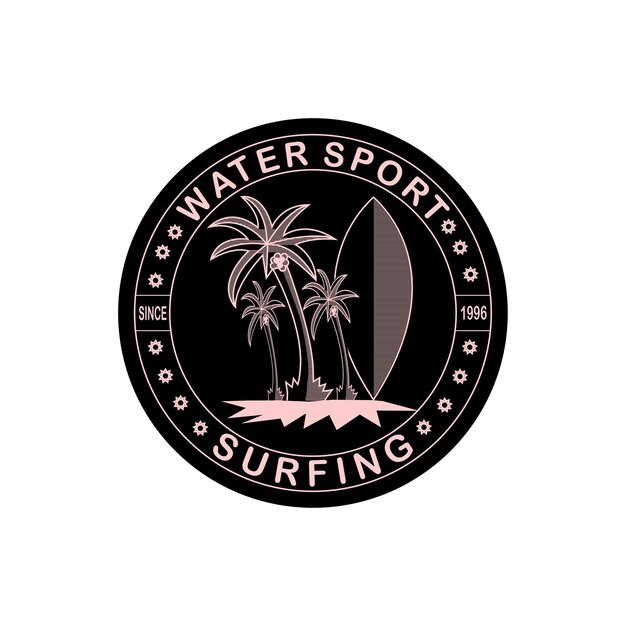 Plantilla de vector de logotipo de línea de tabla de surf y palma
