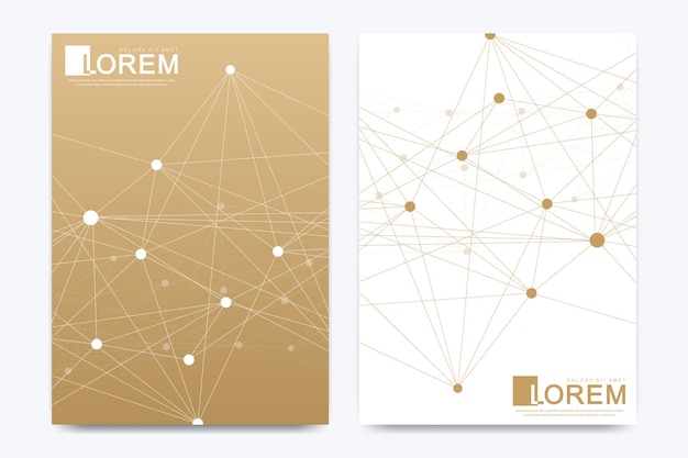 Plantilla de vector moderno para folleto folleto folleto anuncio portada catálogo revista o informe anual ciencias empresariales diseño médico puntos cibernéticos científicos líneas plexo superficie de la tarjeta