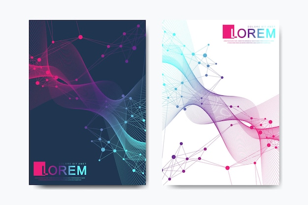 Vector plantilla de vector moderno para folleto, prospecto, volante, portada, catálogo en tamaño a4. hélice de adn, hebra de adn, molécula o átomo, neuronas. estructura abstracta para ciencia o antecedentes médicos